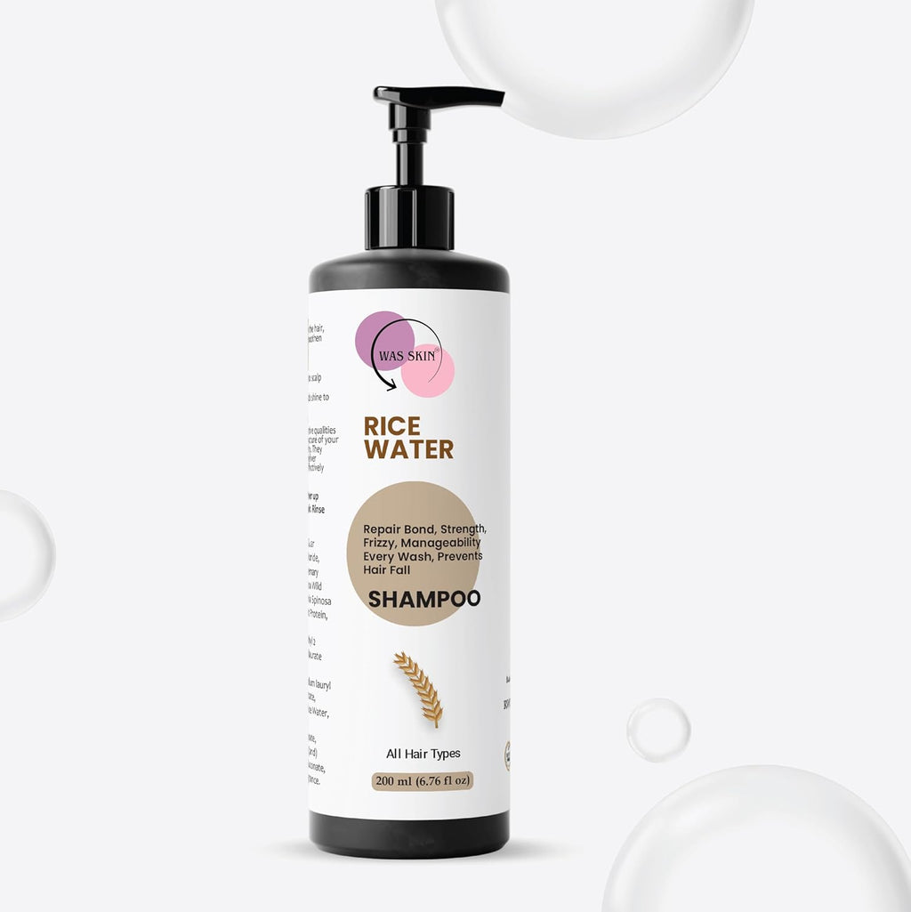 WAS SKIN Shampoo, Nourishing, Repairing, Smoothening, Dandruff Protection, All Hair Types, 200 ml (Rice Water Shampoo)