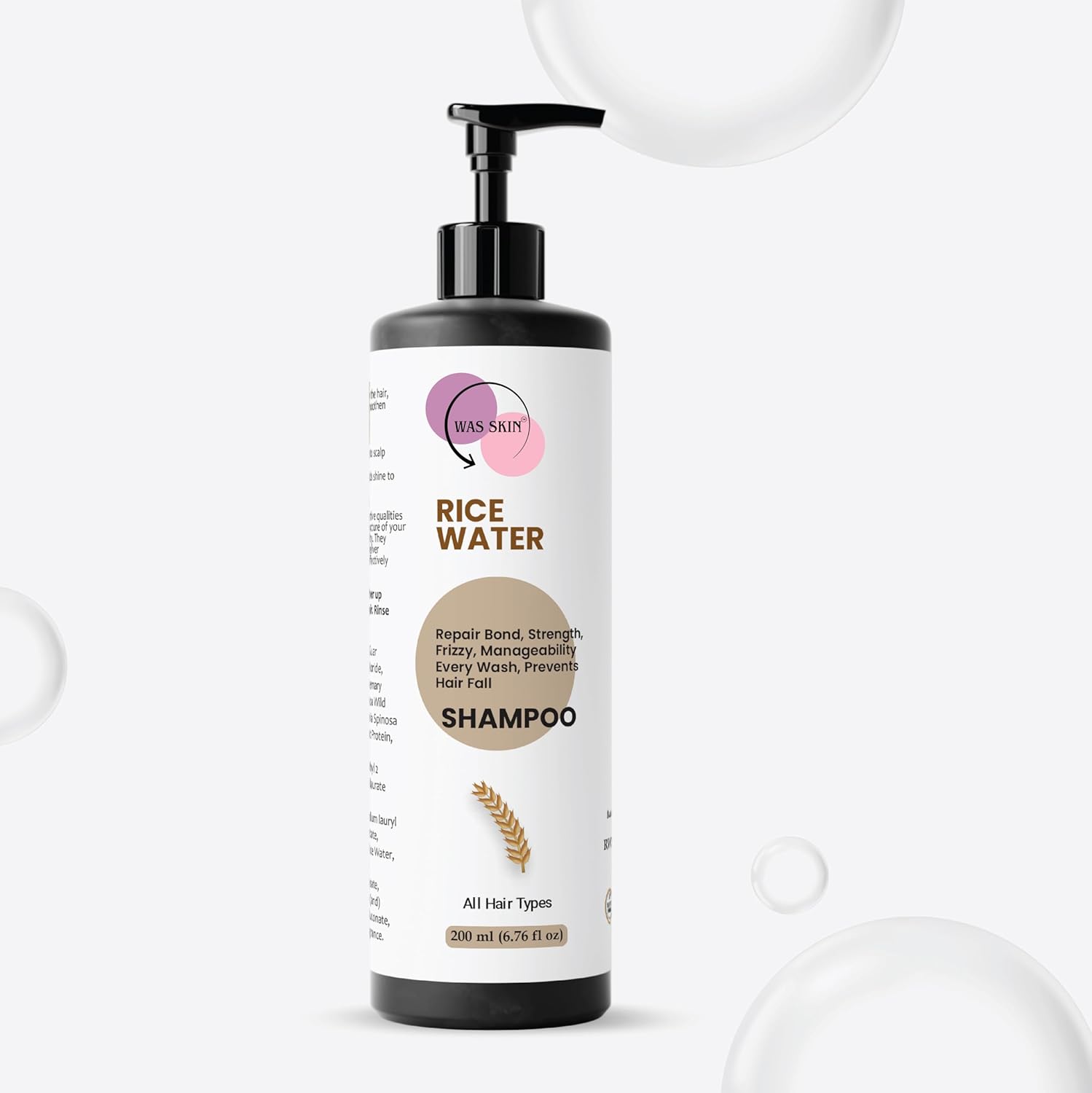 WAS SKIN Shampoo, Nourishing, Repairing, Smoothening, Dandruff Protection, All Hair Types, 200 ml (Rice Water Shampoo)
