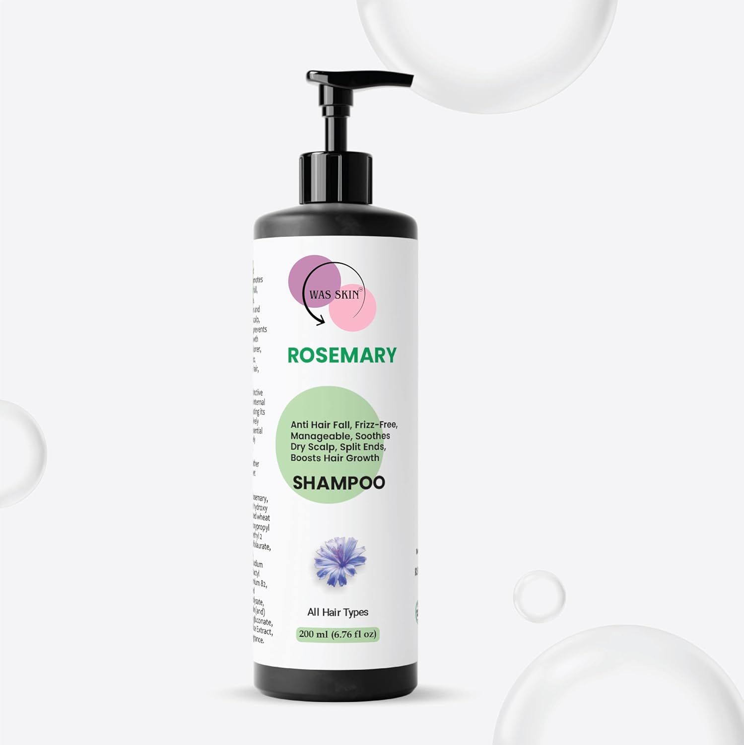 WAS SKIN Shampoo, Nourishing, Repairing, Smoothening, Dandruff Protection, All Hair Types, 200 ml (Rosemary Shampoo)