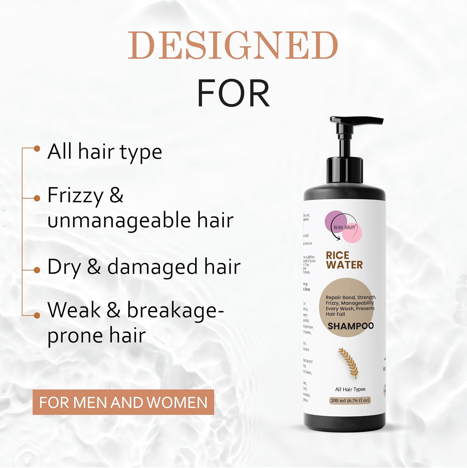 WAS SKIN Shampoo, Nourishing, Repairing, Smoothening, Dandruff Protection, All Hair Types, 200 ml (Rice Water Shampoo)