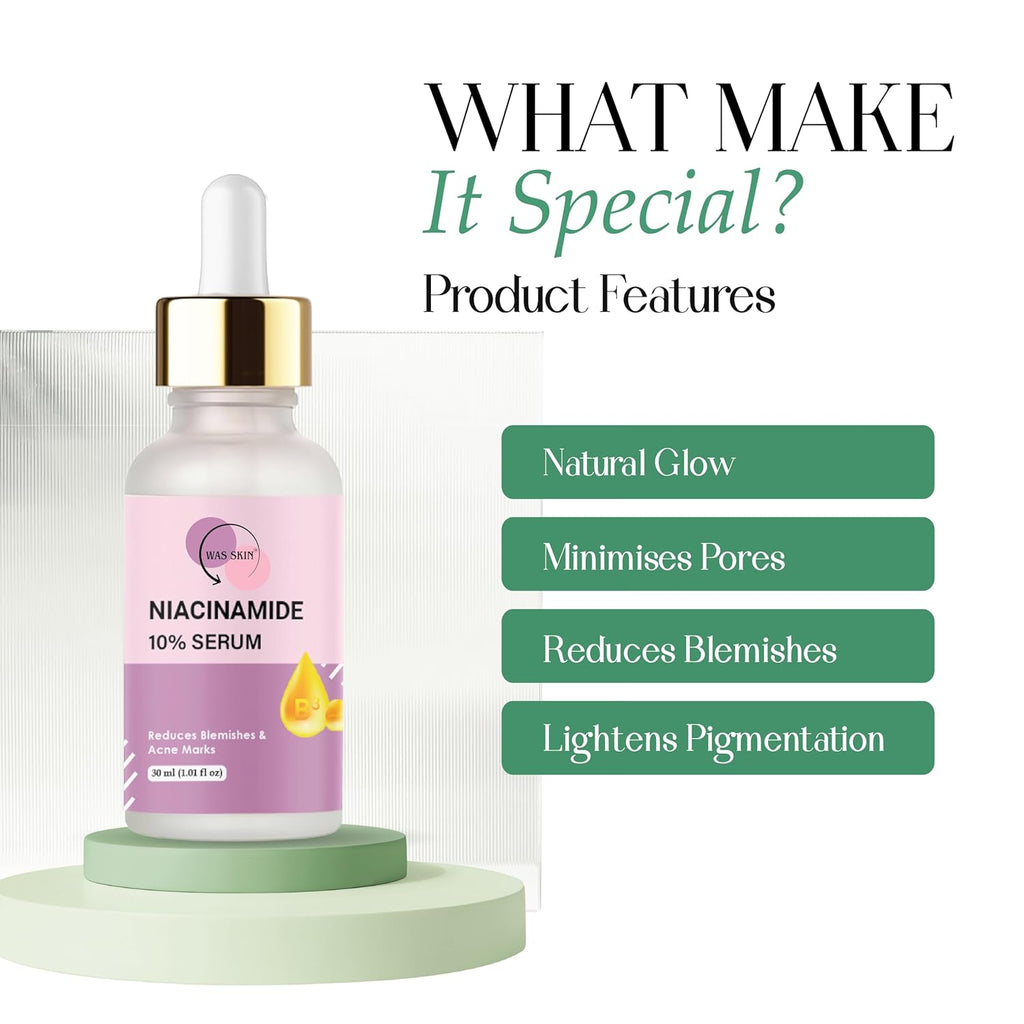 WAS SKIN Niacinamide 10% Serum, Reduces Blemishes and Acne Marks, Minimises Pores, Lightens Pigmentation, Natural Glow, 30 ml
