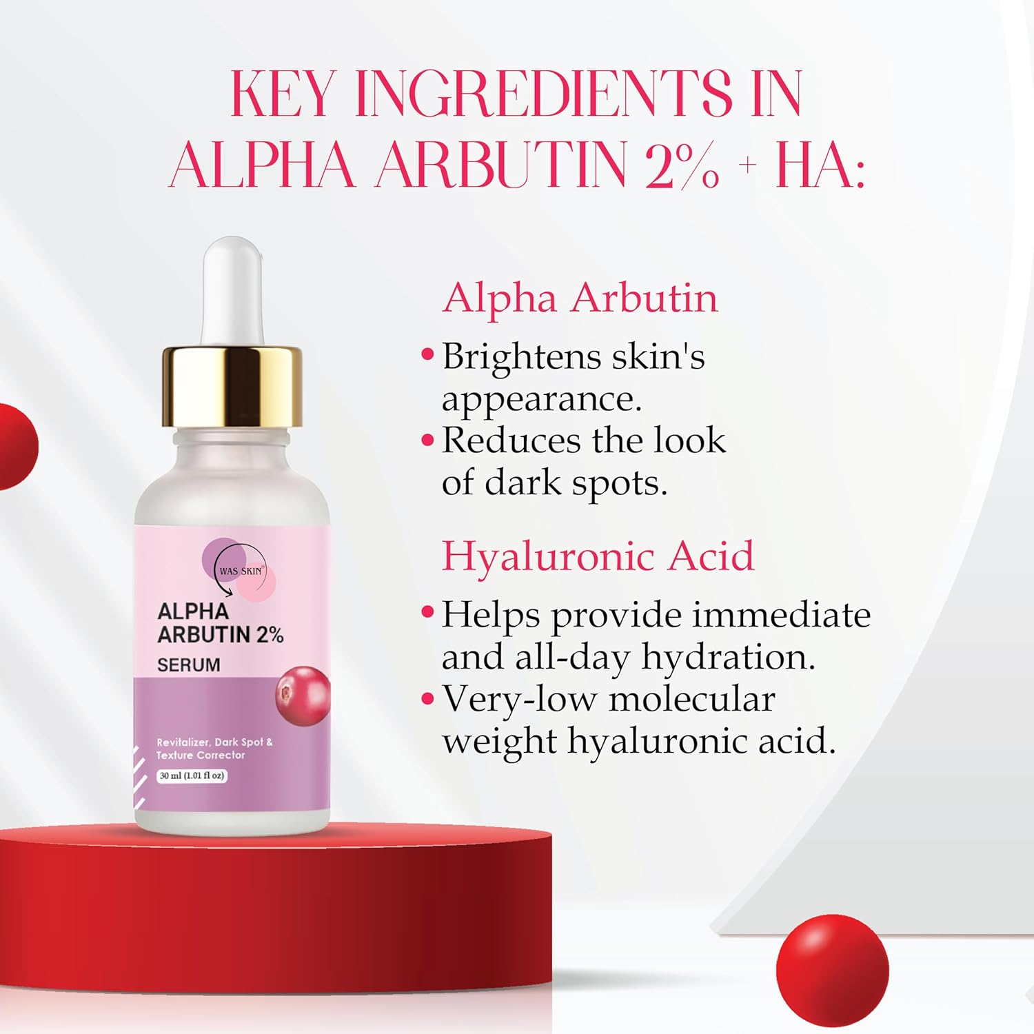 WAS SKIN Alpha Arbutin 2% Serum with Hyaluronic Acid, Dark Spot and Texture Corrector, Revitaliser, 30 ml