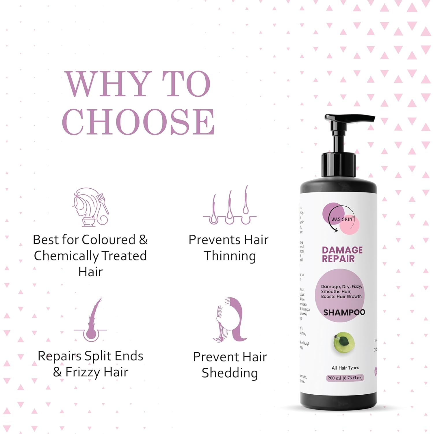WAS SKIN Shampoo, Nourishing, Repairing, Smoothening, Dandruff Protection, All Hair Types, 200 ml (Damage Repair Shampoo)