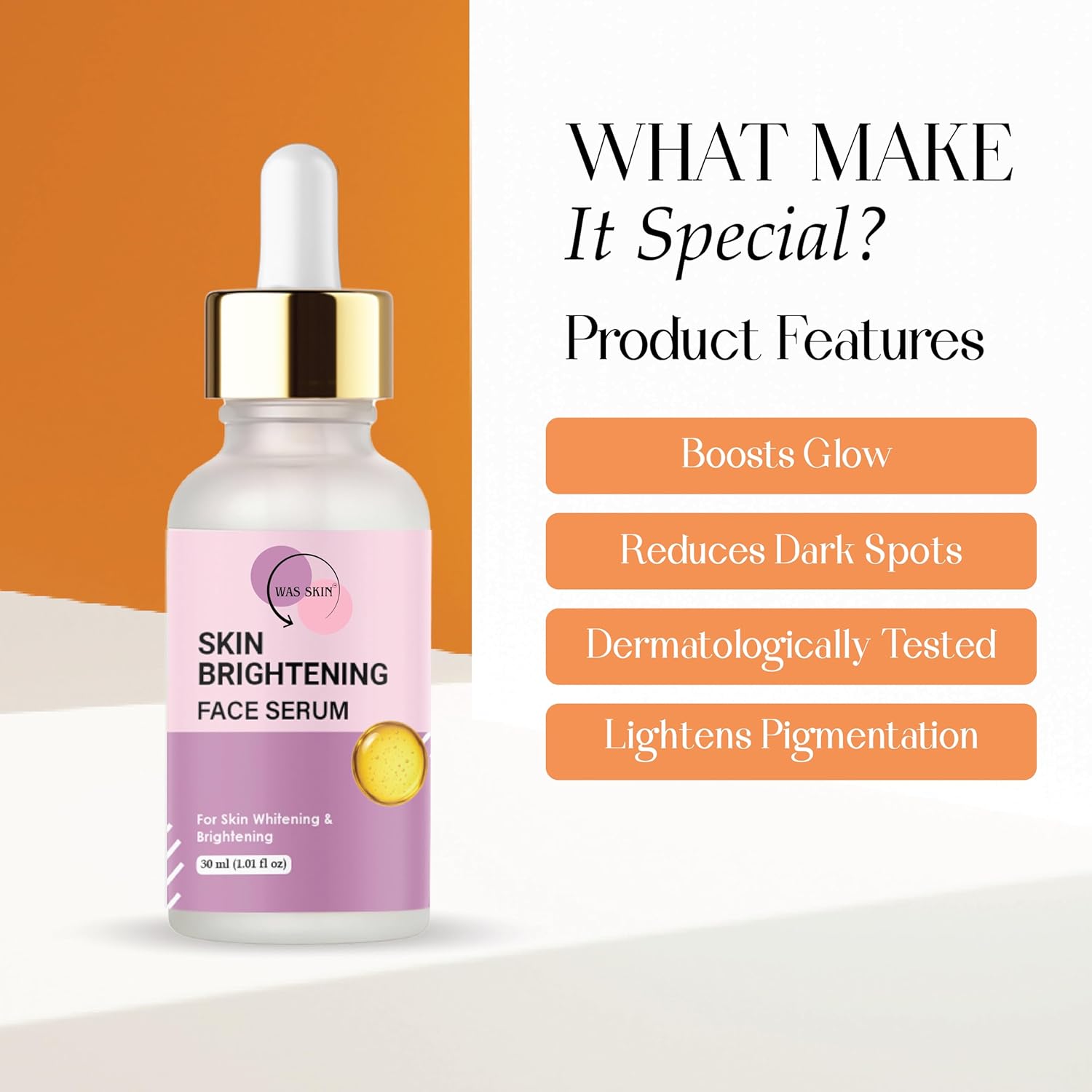 WAS SKIN Skin Brightening Face Serum, Dark Spot Corrector, 30 ml