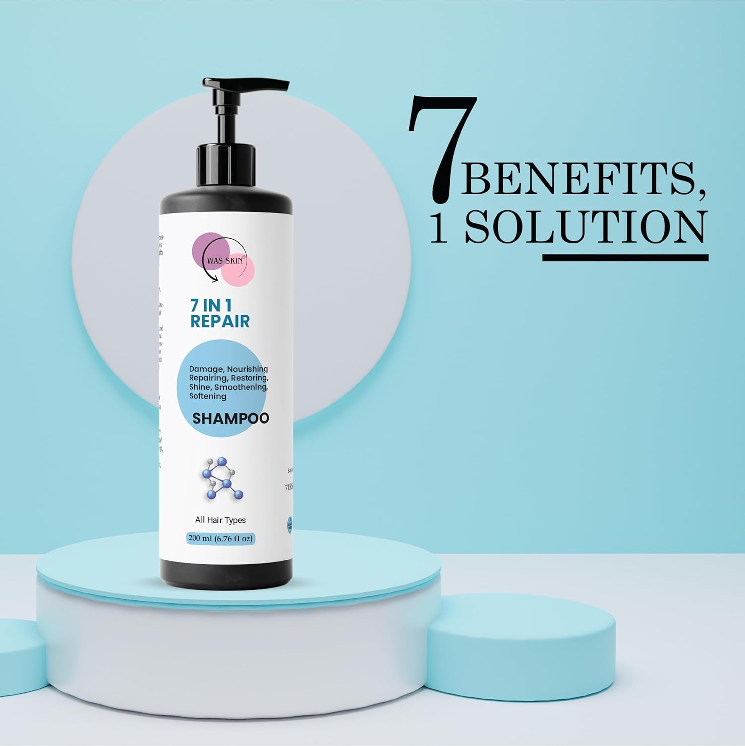WAS SKIN Shampoo, Nourishing, Repairing, Smoothening, Dandruff Protection, All Hair Types, 200 ml (7 in 1 Repair Shampoo)