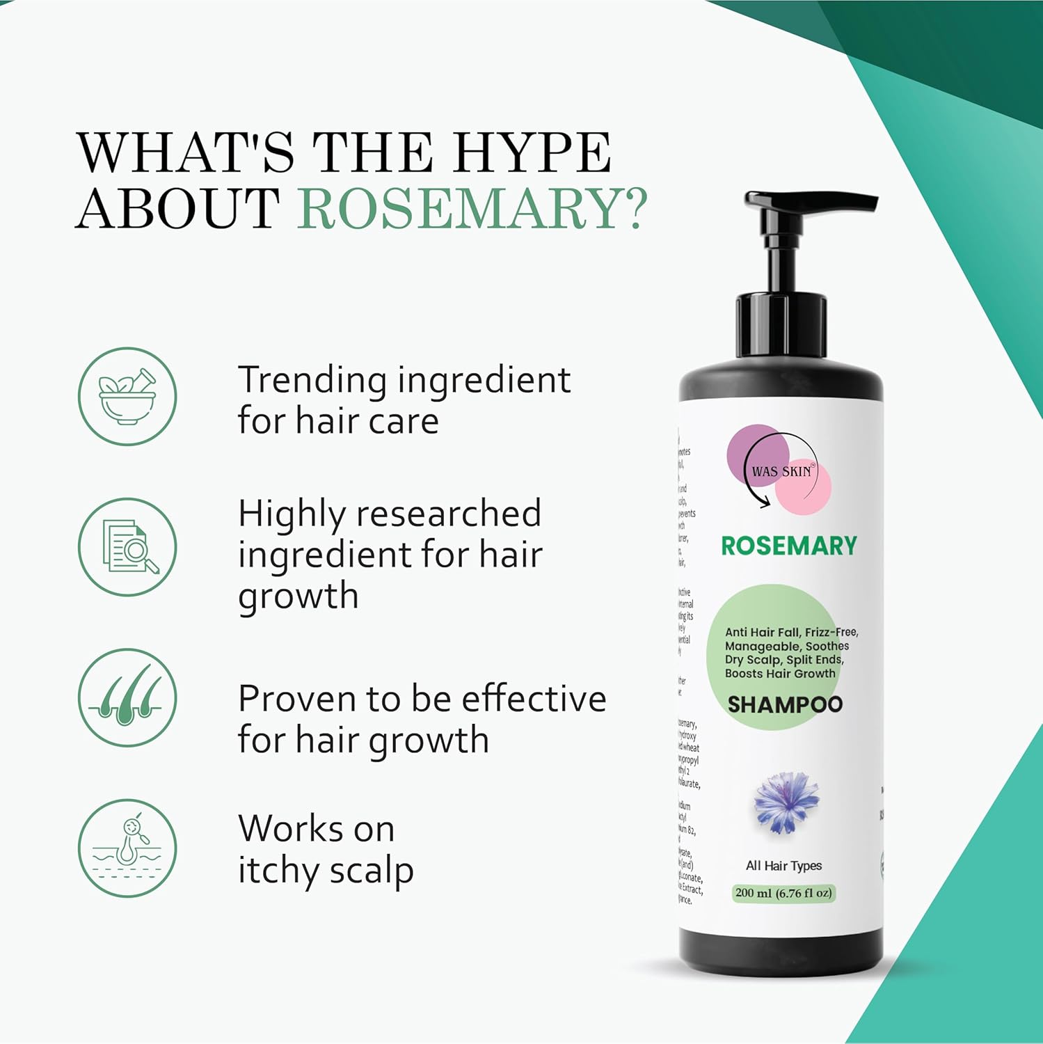 WAS SKIN Shampoo, Nourishing, Repairing, Smoothening, Dandruff Protection, All Hair Types, 200 ml (Rosemary Shampoo)