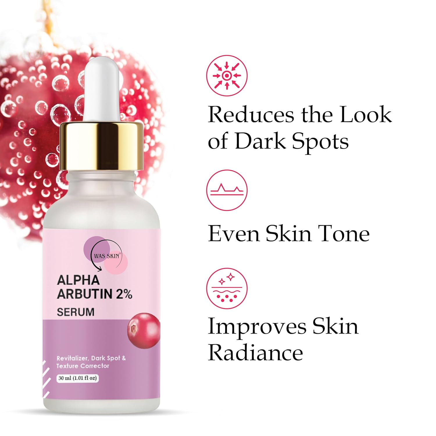 WAS SKIN Alpha Arbutin 2% Serum with Hyaluronic Acid, Dark Spot and Texture Corrector, Revitaliser, 30 ml
