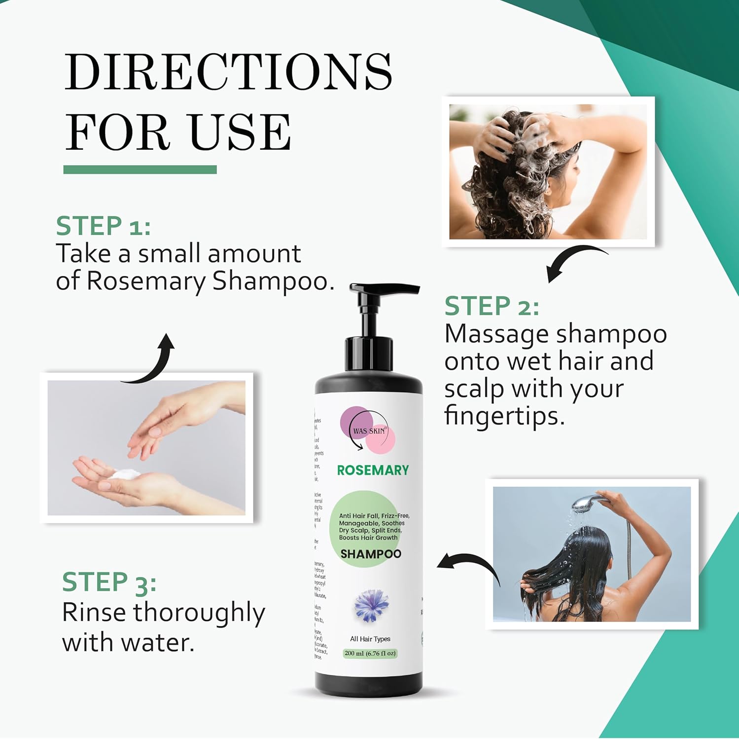 WAS SKIN Shampoo, Nourishing, Repairing, Smoothening, Dandruff Protection, All Hair Types, 200 ml (Rosemary Shampoo)