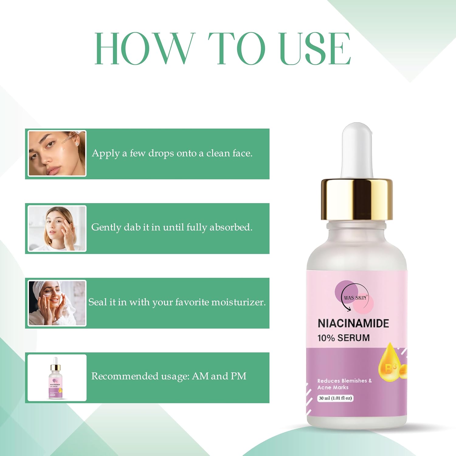 WAS SKIN Niacinamide 10% Serum, Reduces Blemishes and Acne Marks, Minimises Pores, Lightens Pigmentation, Natural Glow, 30 ml