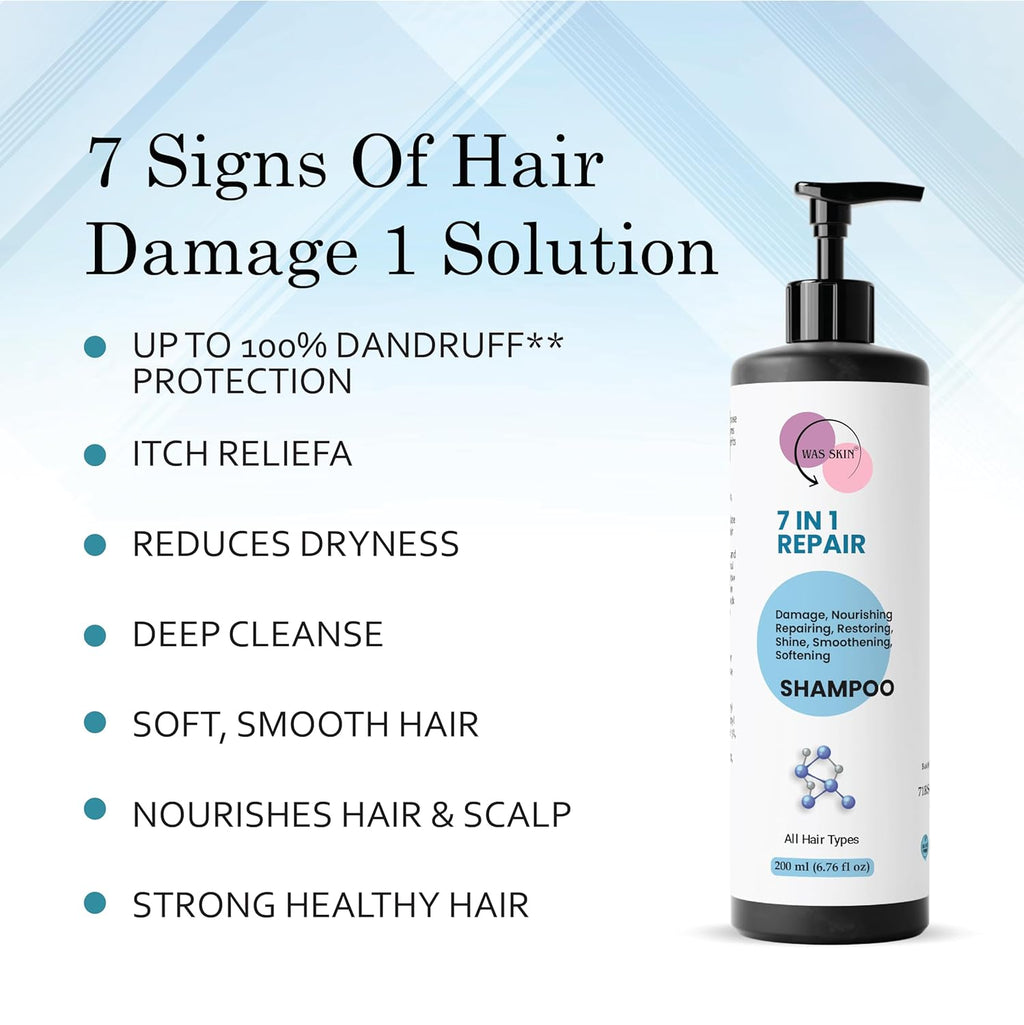 WAS SKIN Shampoo, Nourishing, Repairing, Smoothening, Dandruff Protection, All Hair Types, 200 ml (7 in 1 Repair Shampoo)