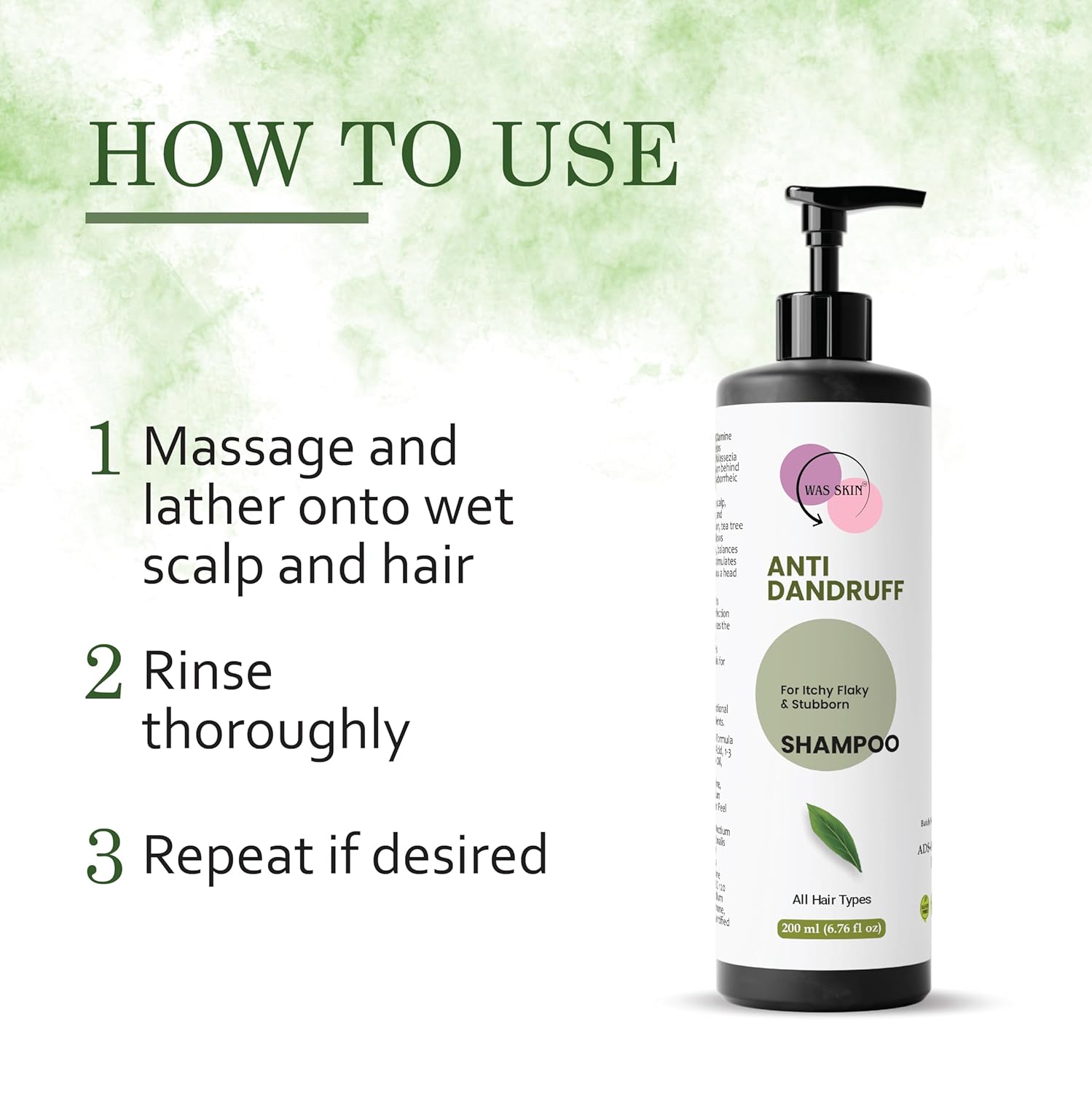 WAS SKIN Shampoo, Nourishing, Repairing, Smoothening, Dandruff Protection, All Hair Types, 200 ml (Anti Dandruff Shampoo)