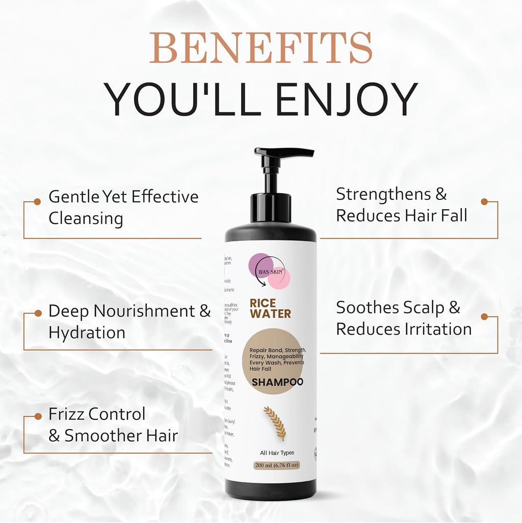 WAS SKIN Shampoo, Nourishing, Repairing, Smoothening, Dandruff Protection, All Hair Types, 200 ml (Rice Water Shampoo)
