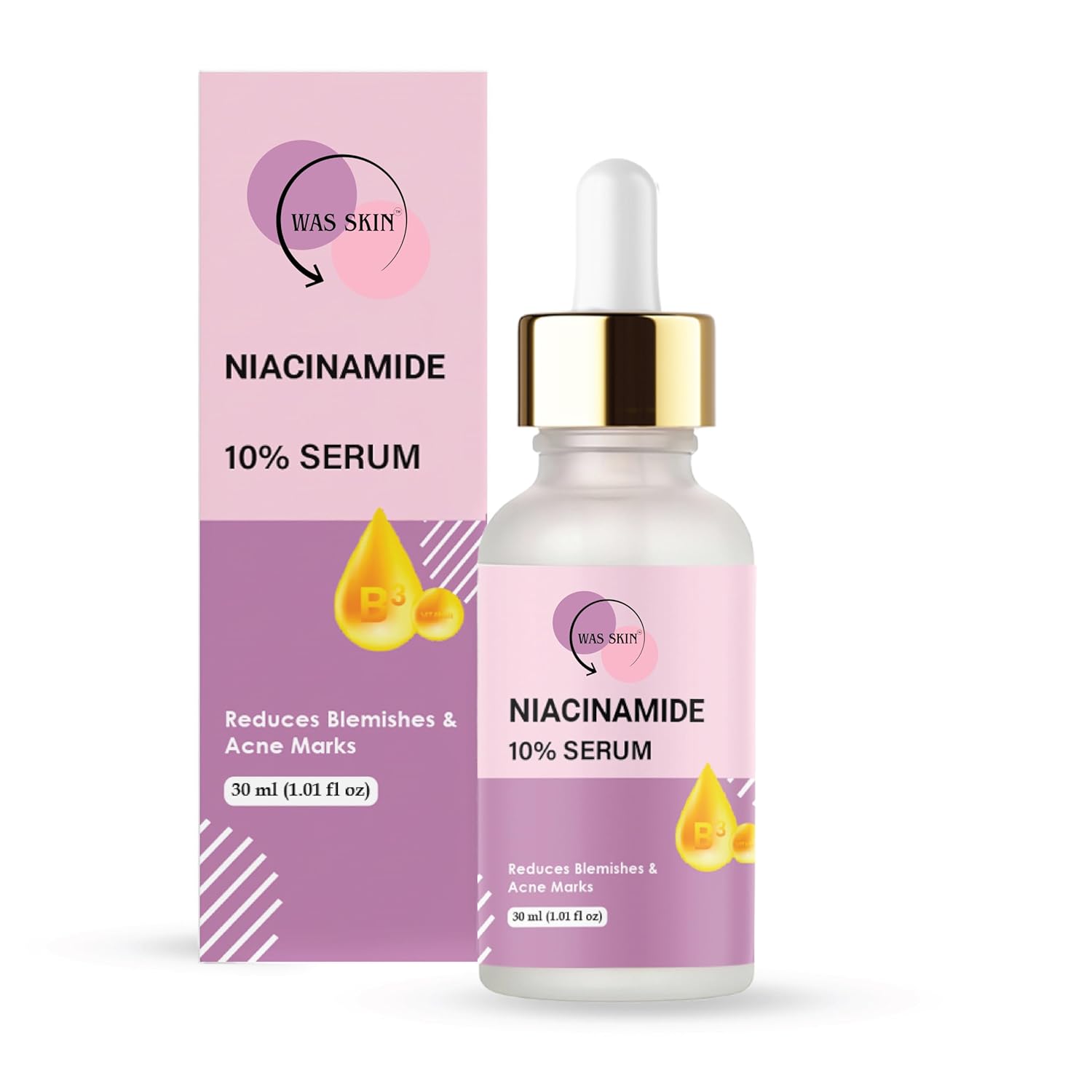 WAS SKIN Niacinamide 10% Serum, Reduces Blemishes and Acne Marks, Minimises Pores, Lightens Pigmentation, Natural Glow, 30 ml