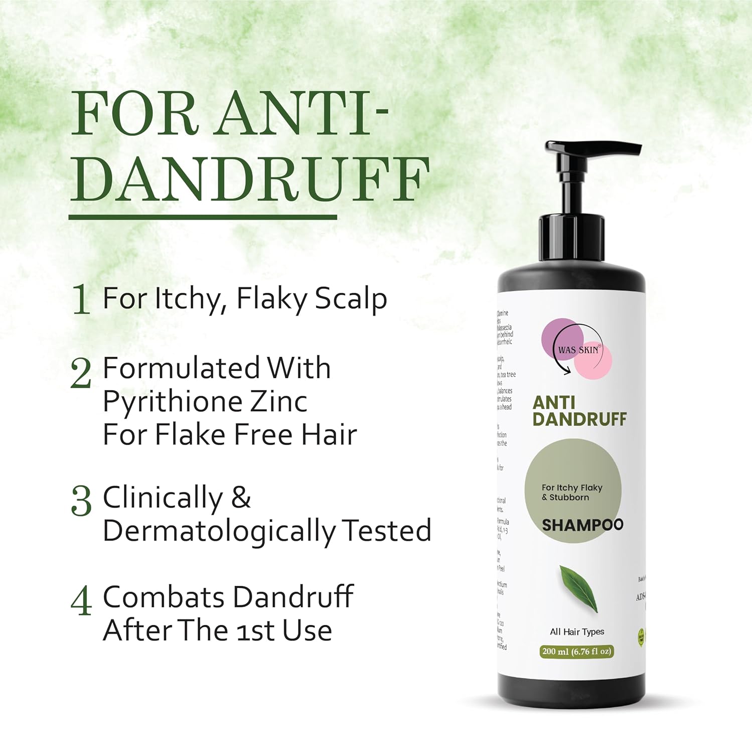 WAS SKIN Shampoo, Nourishing, Repairing, Smoothening, Dandruff Protection, All Hair Types, 200 ml (Anti Dandruff Shampoo)