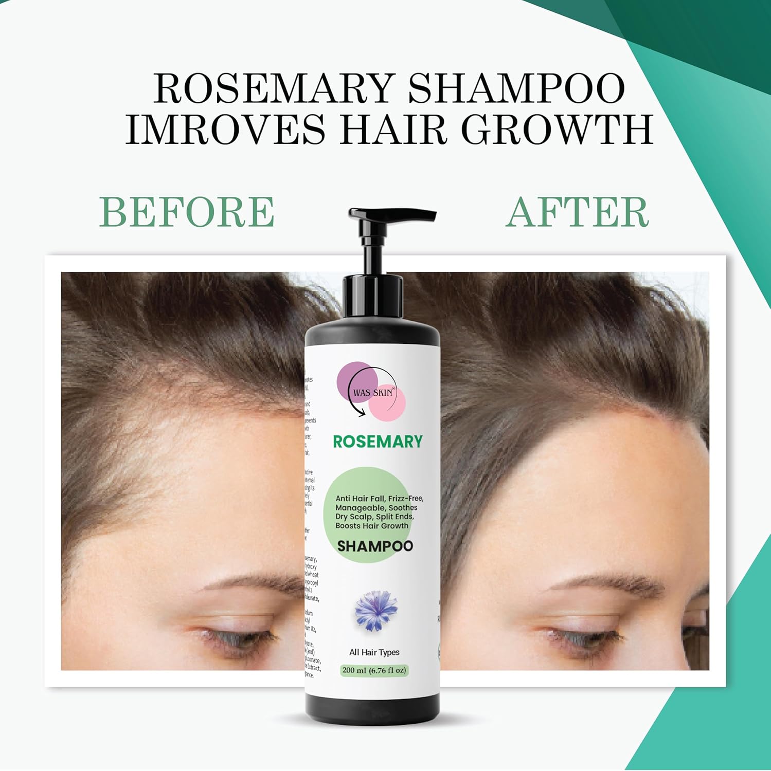 WAS SKIN Shampoo, Nourishing, Repairing, Smoothening, Dandruff Protection, All Hair Types, 200 ml (Rosemary Shampoo)