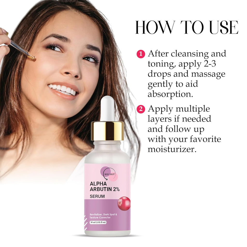 WAS SKIN Alpha Arbutin 2% Serum with Hyaluronic Acid, Dark Spot and Texture Corrector, Revitaliser, 30 ml