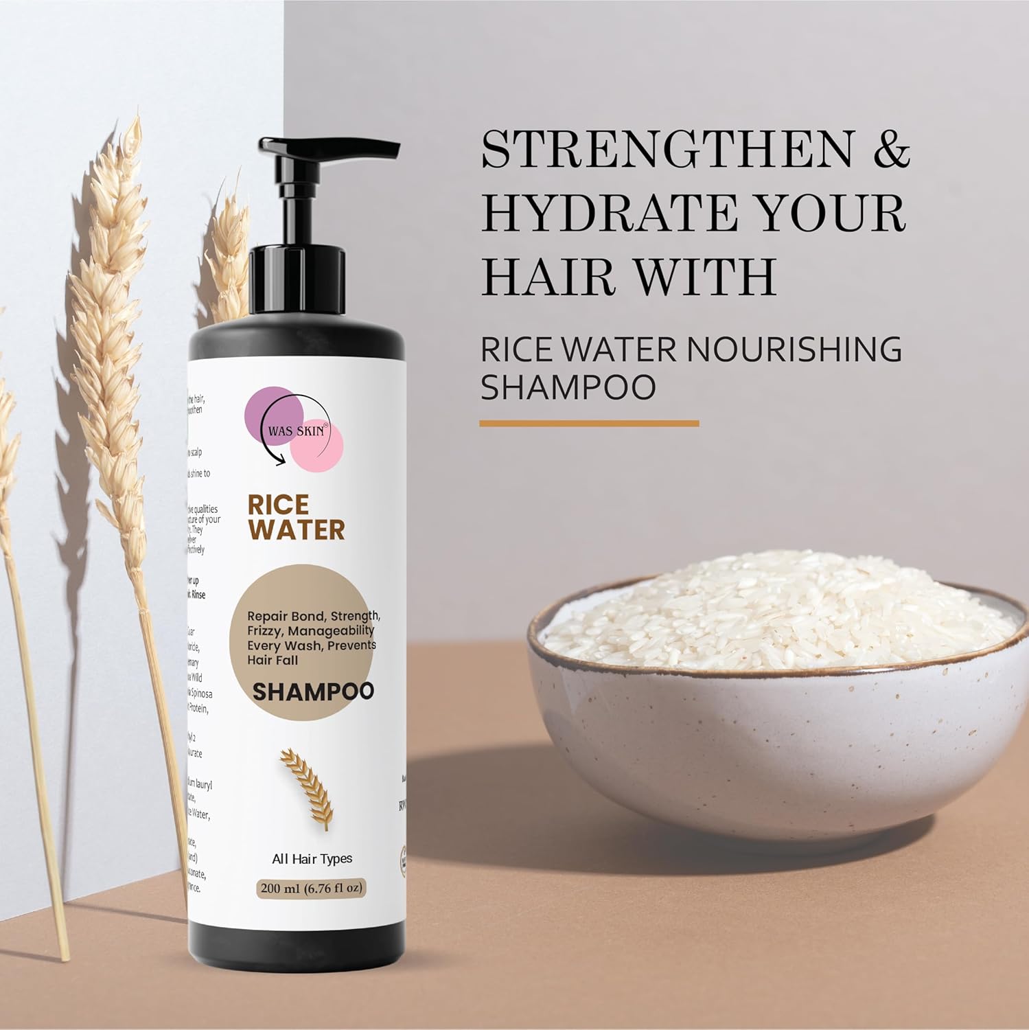 WAS SKIN Shampoo, Nourishing, Repairing, Smoothening, Dandruff Protection, All Hair Types, 200 ml (Rice Water Shampoo)