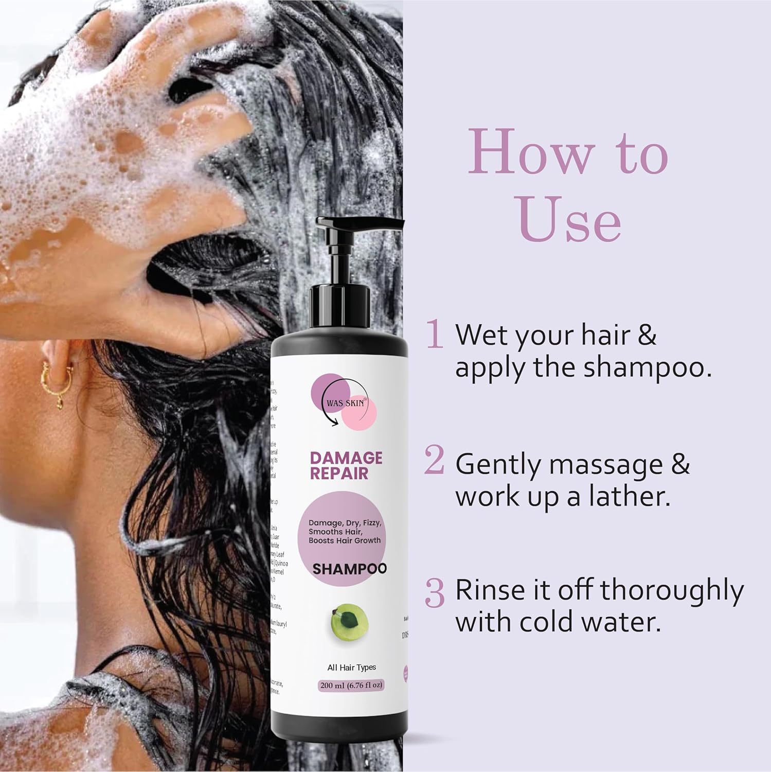 WAS SKIN Shampoo, Nourishing, Repairing, Smoothening, Dandruff Protection, All Hair Types, 200 ml (Damage Repair Shampoo)
