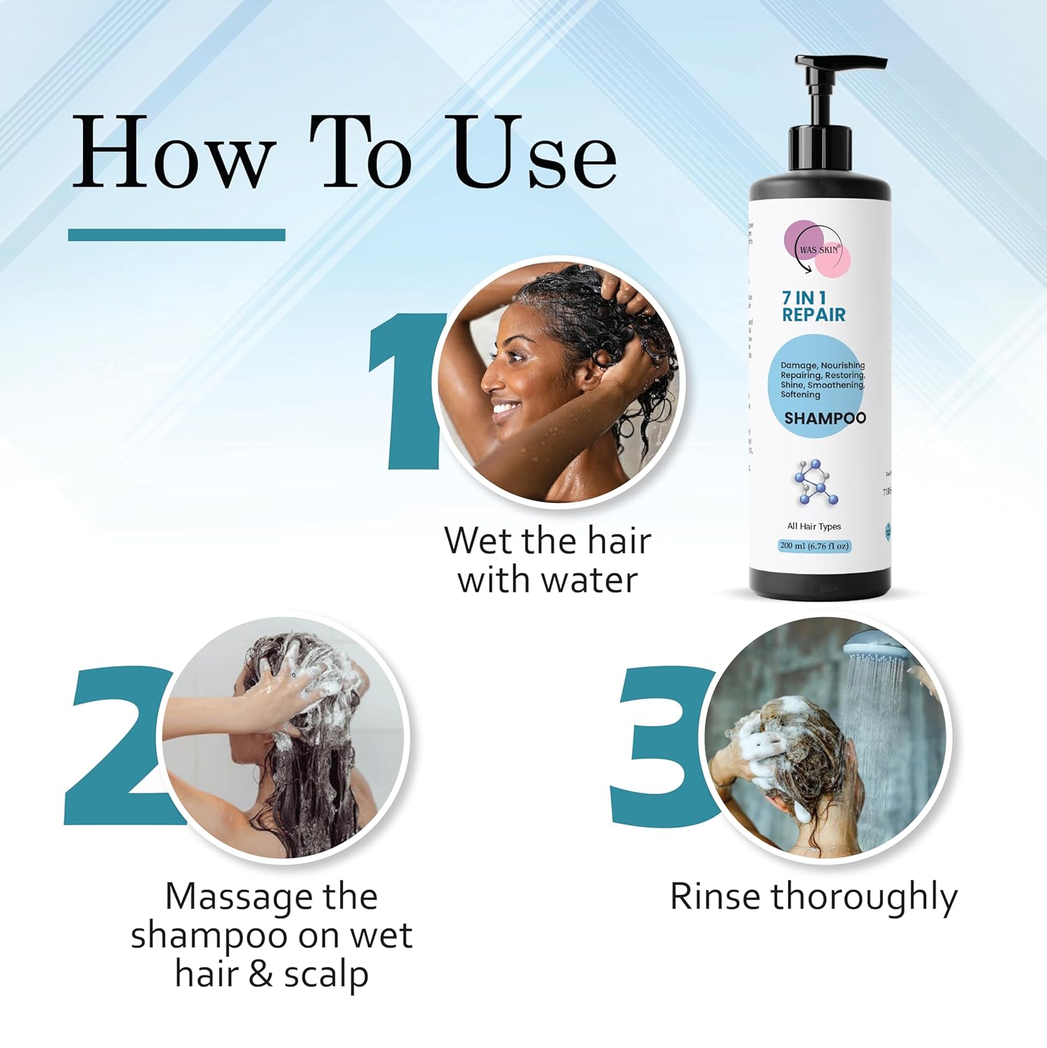 WAS SKIN Shampoo, Nourishing, Repairing, Smoothening, Dandruff Protection, All Hair Types, 200 ml (7 in 1 Repair Shampoo)
