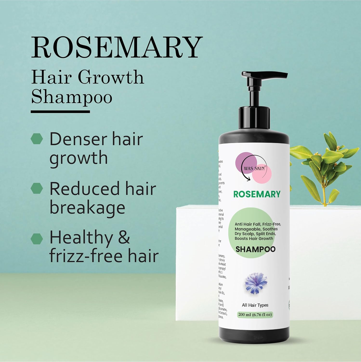 WAS SKIN Shampoo, Nourishing, Repairing, Smoothening, Dandruff Protection, All Hair Types, 200 ml (Rosemary Shampoo)