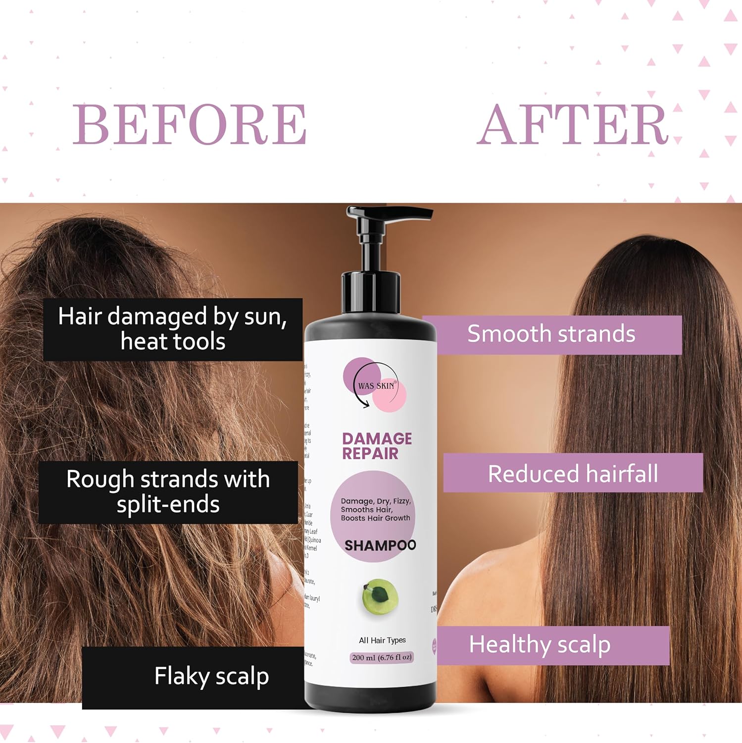 WAS SKIN Shampoo, Nourishing, Repairing, Smoothening, Dandruff Protection, All Hair Types, 200 ml (Damage Repair Shampoo)