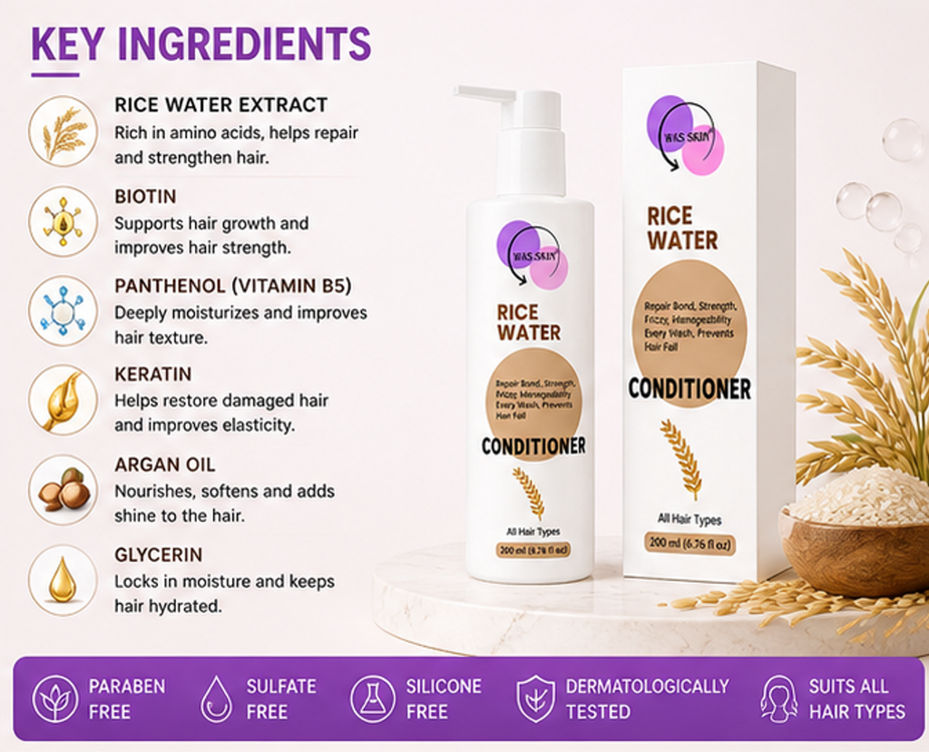 WAS SKIN 7 in 1 Repair Conditioner, Nourishing, Repairing, Smoothening, All Hair Types, 200ml (Rice Water Conditioner)