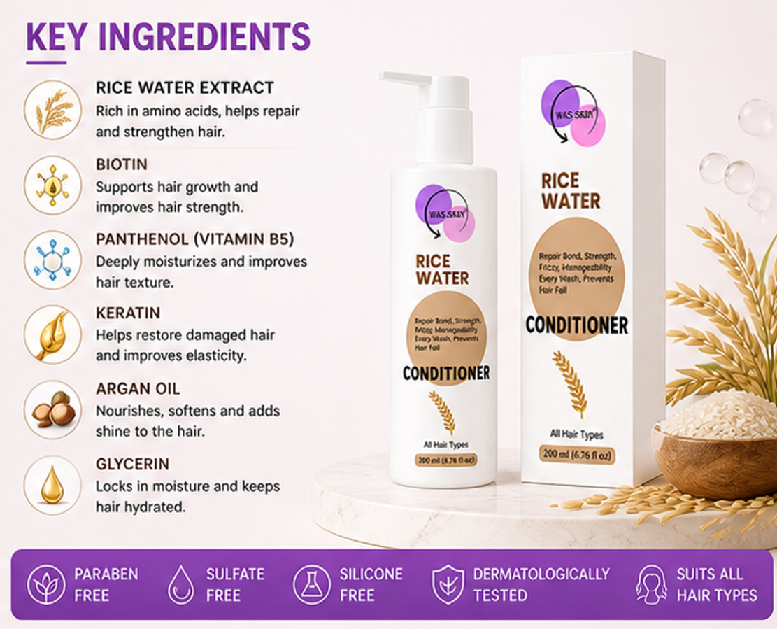 WAS SKIN 7 in 1 Repair Conditioner, Nourishing, Repairing, Smoothening, All Hair Types, 200ml (Rice Water Conditioner)