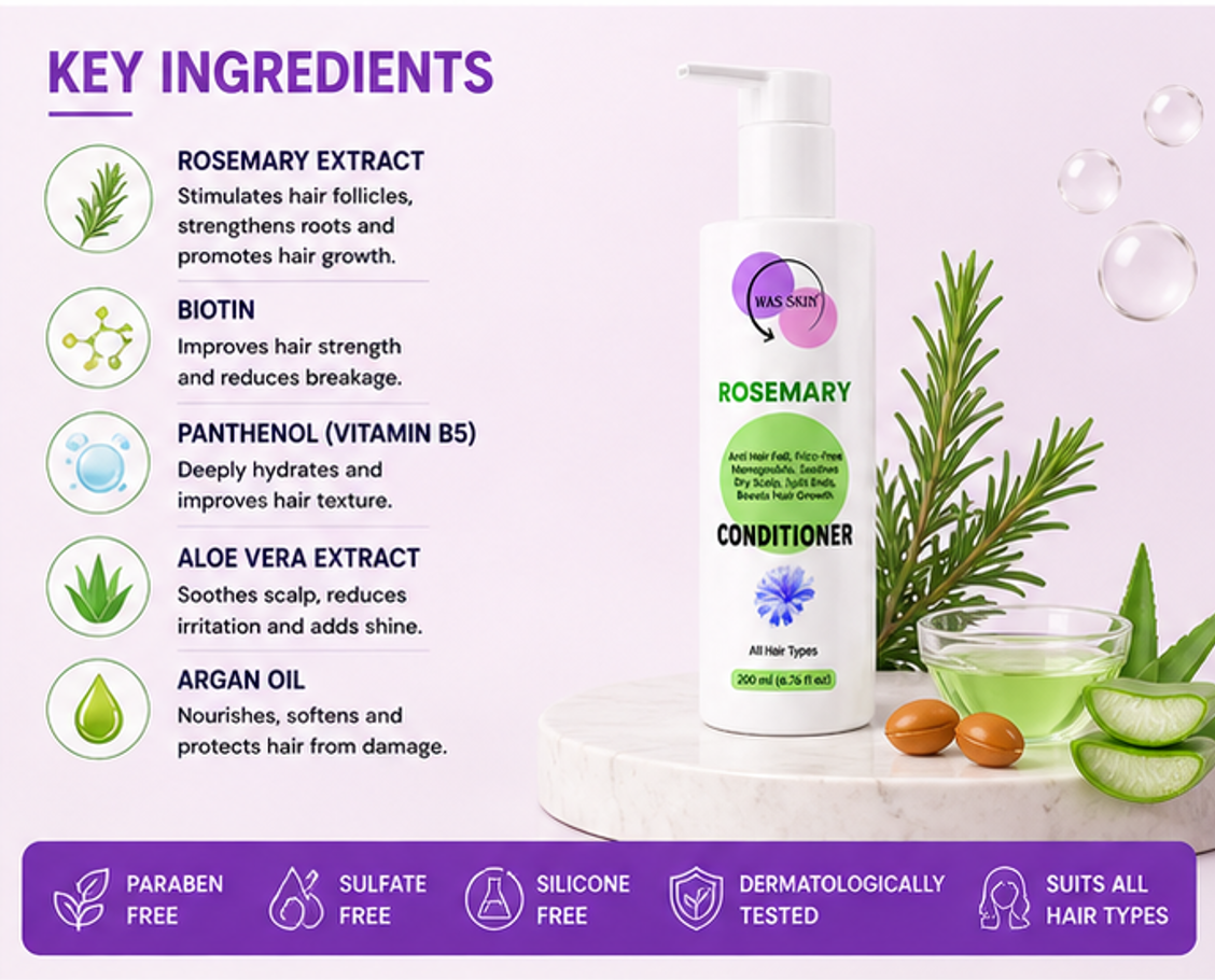WAS SKIN 7 in 1 Repair Conditioner, Nourishing, Repairing, Smoothening, All Hair Types, 200ml (Rosemary Conditioner)