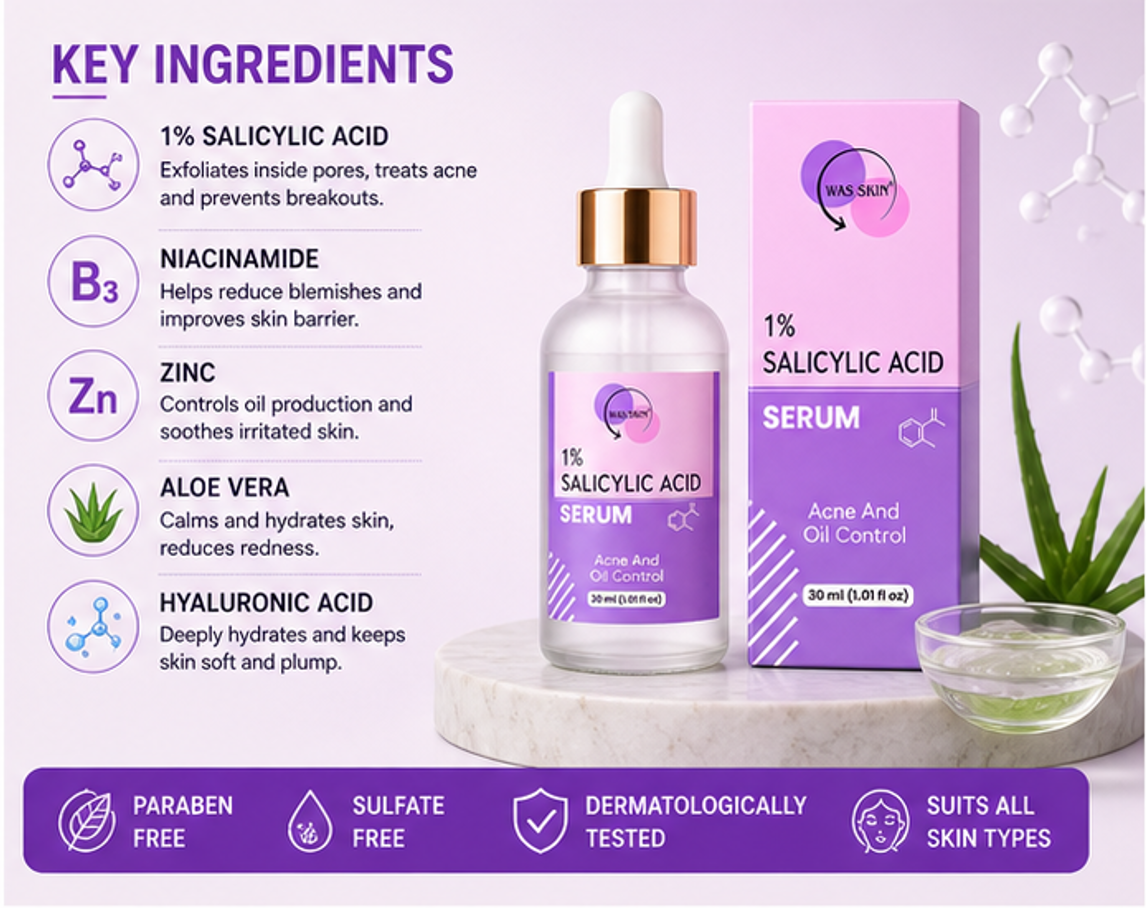 WAS SKIN 1% Salicylic Face Serum, Dark Spot Corrector, 30 ml