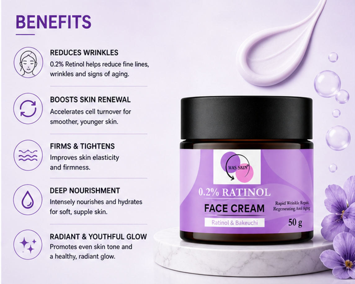WAS SKIN Face Cream, Rapid Wrinkle Repair, Anti Ageing, Darkspots Corrector 50 g (Retinol Face Cream)