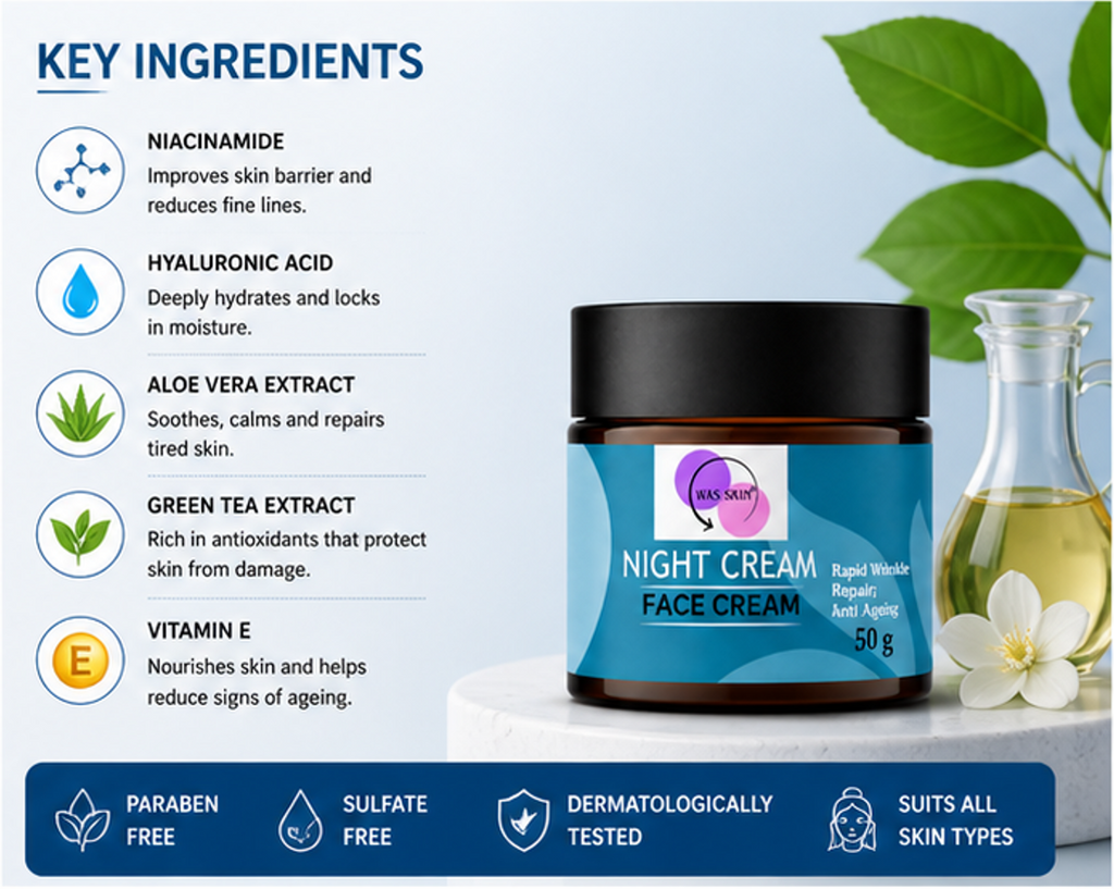 WAS SKIN Face Cream, Rapid Wrinkle Repair, Anti Ageing, Darkspots Corrector 50 g (Night Face Cream)