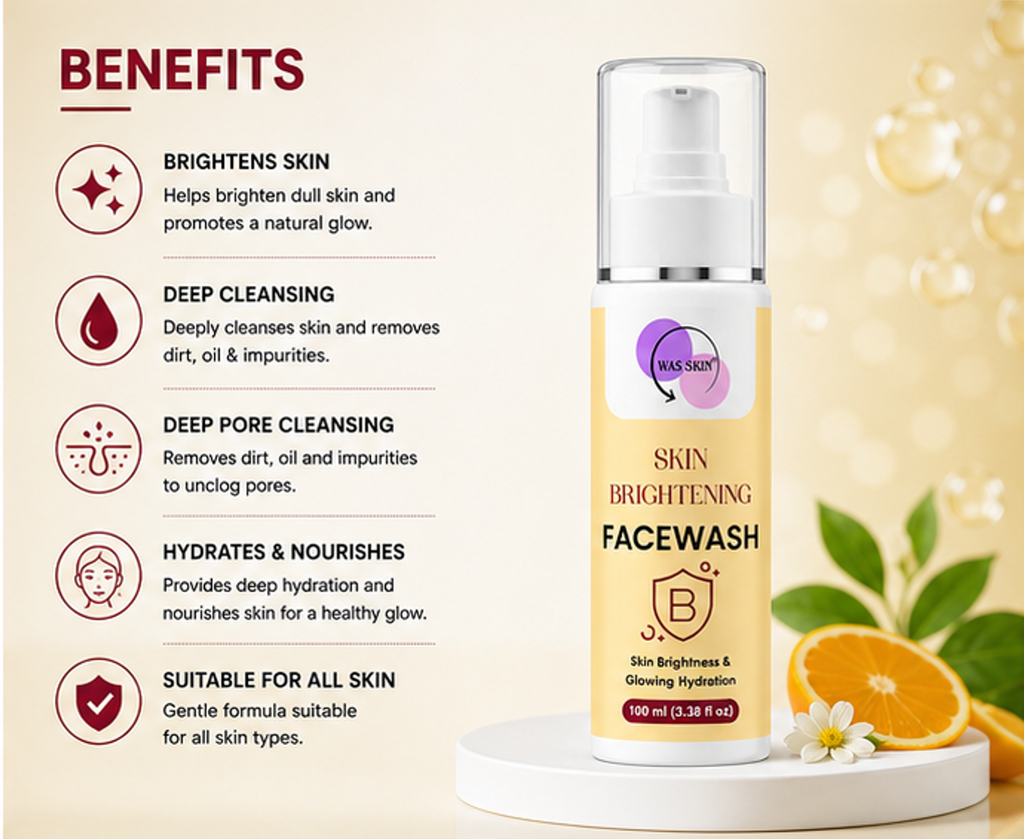 WAS SKIN® Skin Brightening Facewash, Glowing Hydration, 100 ml (Skin Brightening Facewash)