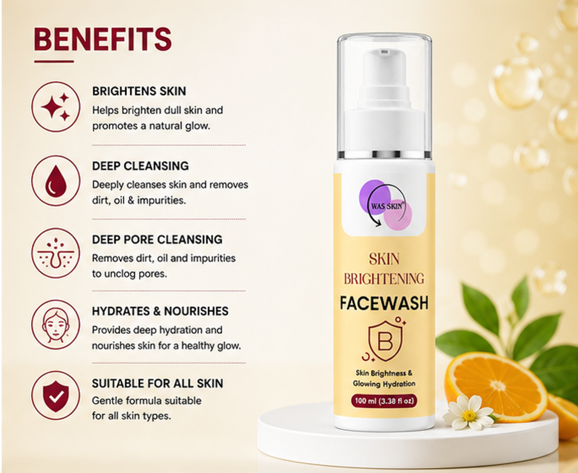 WAS SKIN® Skin Brightening Facewash, Glowing Hydration, 100 ml (Skin Brightening Facewash)