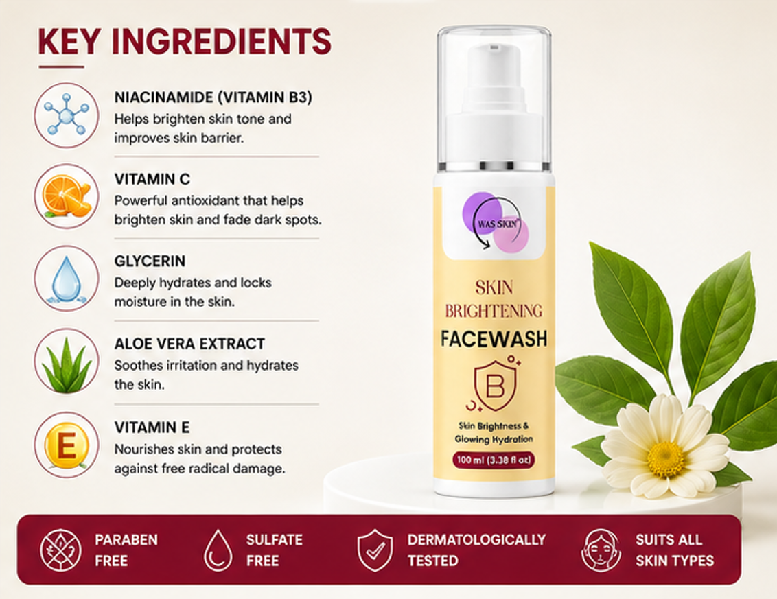 WAS SKIN® Skin Brightening Facewash, Glowing Hydration, 100 ml (Skin Brightening Facewash)