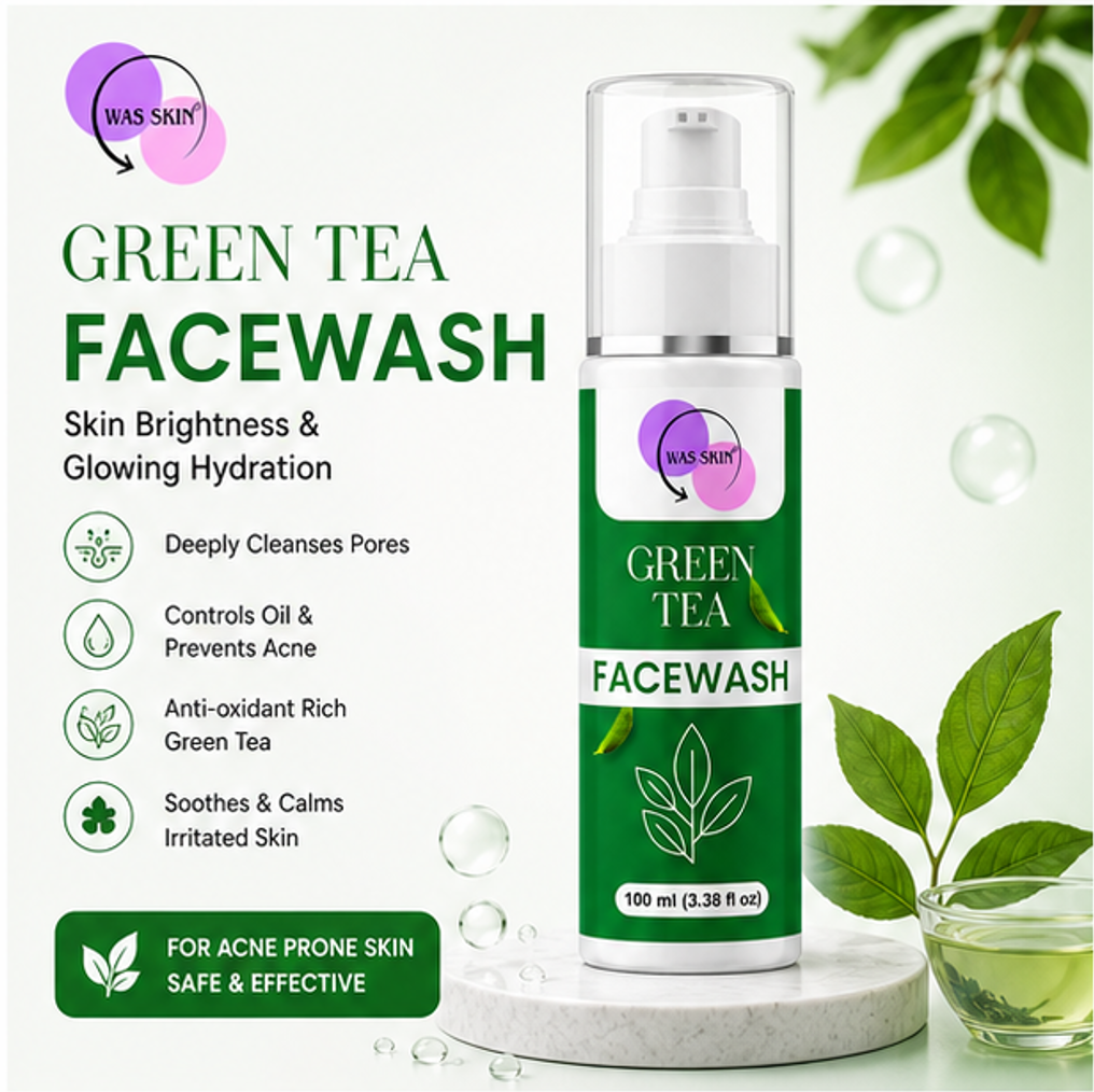 WAS SKIN® Skin Brightening Facewash, Glowing Hydration, 100 ml (Green Tea Facewash)