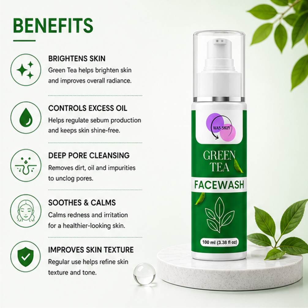 WAS SKIN® Skin Brightening Facewash, Glowing Hydration, 100 ml (Green Tea Facewash)