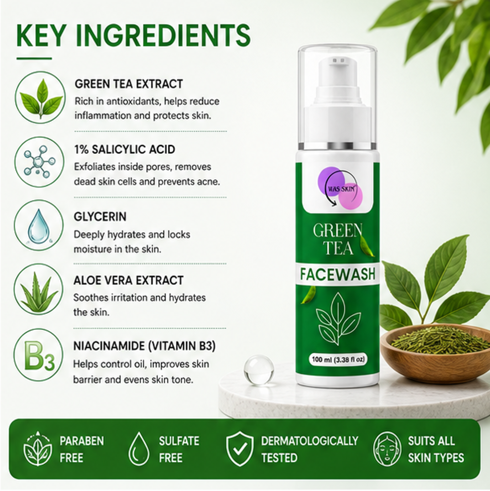WAS SKIN® Skin Brightening Facewash, Glowing Hydration, 100 ml (Green Tea Facewash)
