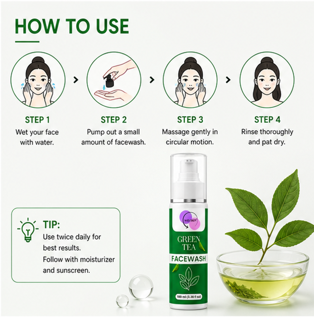 WAS SKIN® Skin Brightening Facewash, Glowing Hydration, 100 ml (Green Tea Facewash)