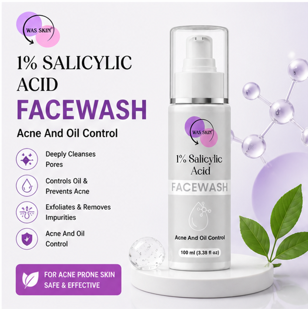 WAS SKIN® Skin Brightening Facewash, Glowing Hydration, 100 ml (1% Silacylic Acid Facewash)