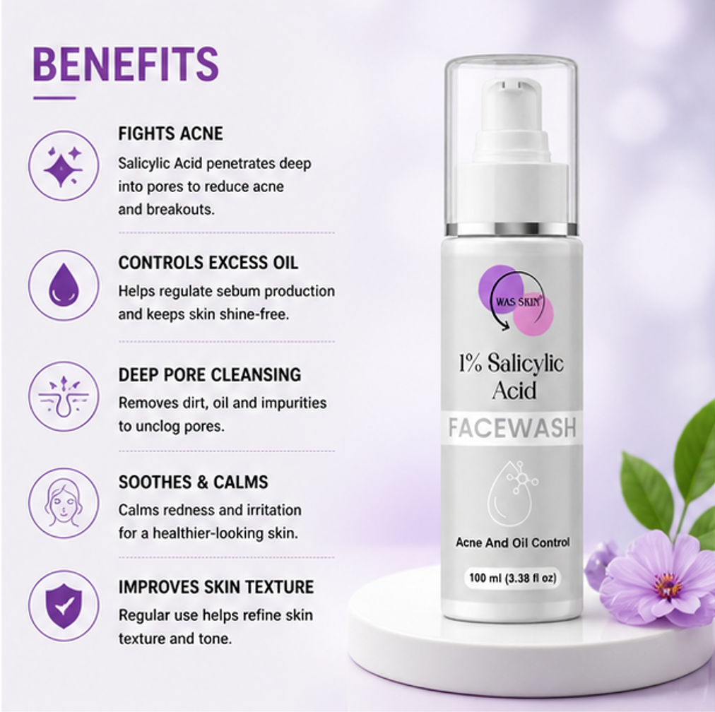 WAS SKIN® Skin Brightening Facewash, Glowing Hydration, 100 ml (1% Silacylic Acid Facewash)