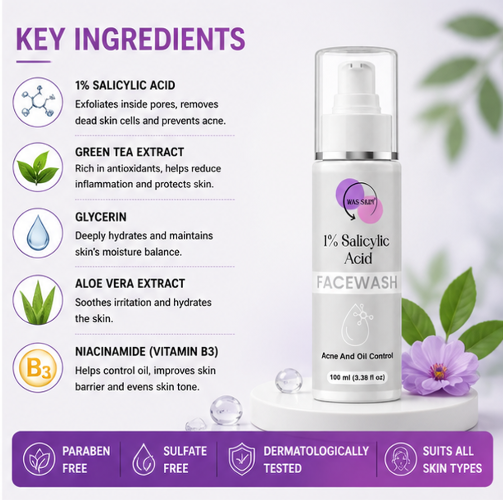 WAS SKIN® Skin Brightening Facewash, Glowing Hydration, 100 ml (1% Silacylic Acid Facewash)