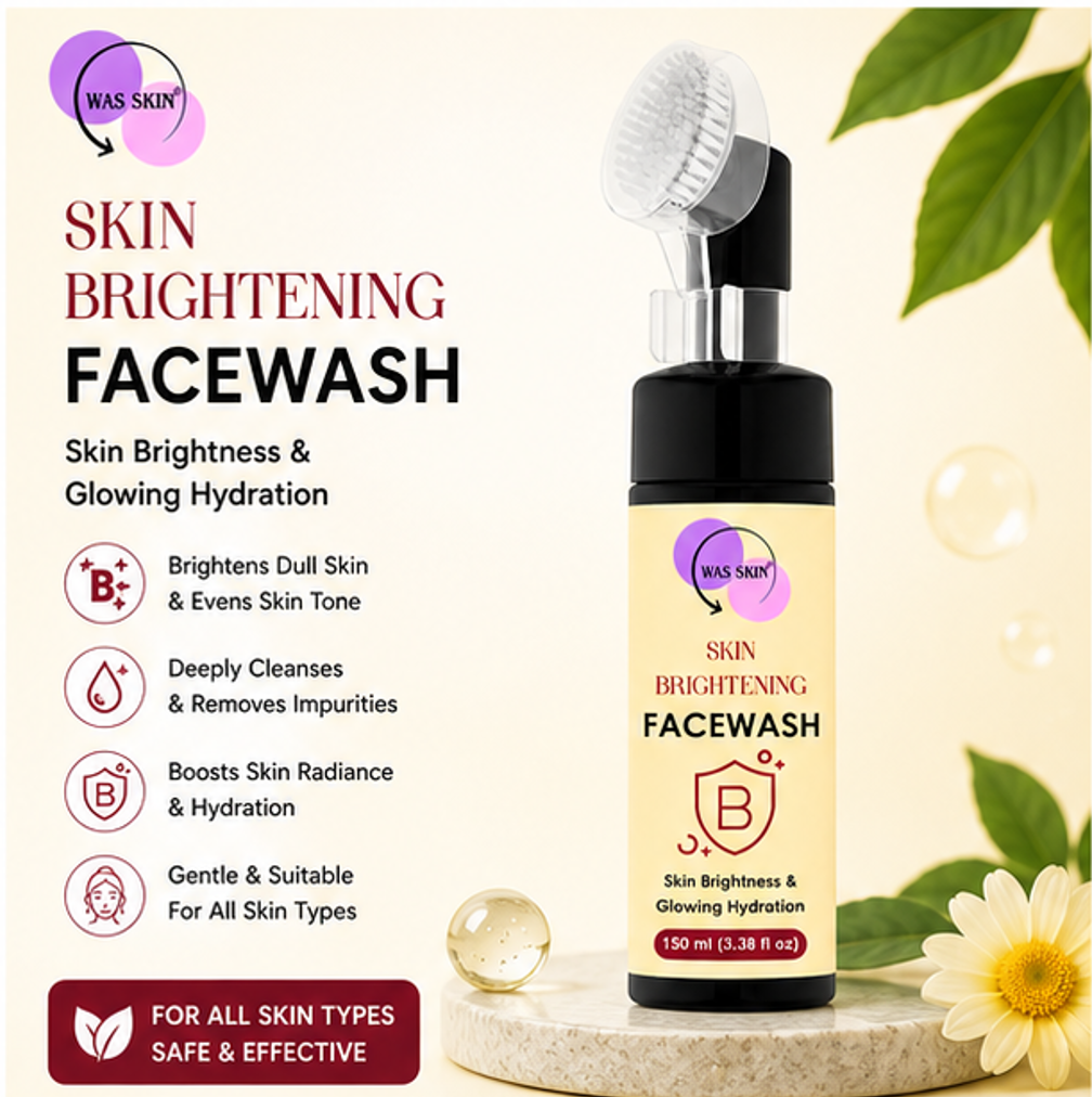 WAS SKIN Green Tea Facewash with Built-In Cleansing Brush, 150 ml (Skin Brightening Facewash with Applicator)