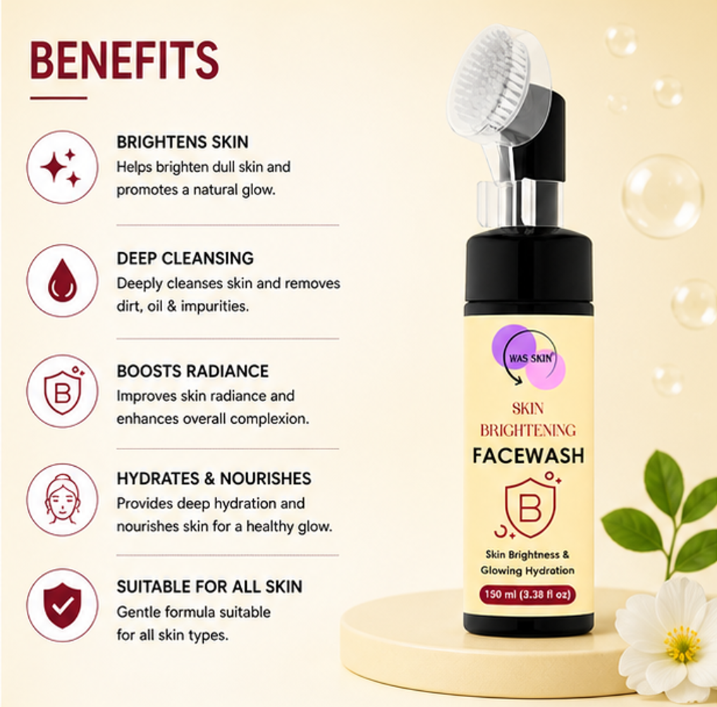 WAS SKIN Green Tea Facewash with Built-In Cleansing Brush, 150 ml (Skin Brightening Facewash with Applicator)