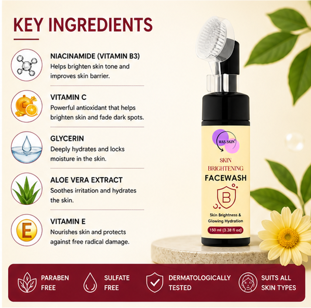 WAS SKIN Green Tea Facewash with Built-In Cleansing Brush, 150 ml (Skin Brightening Facewash with Applicator)