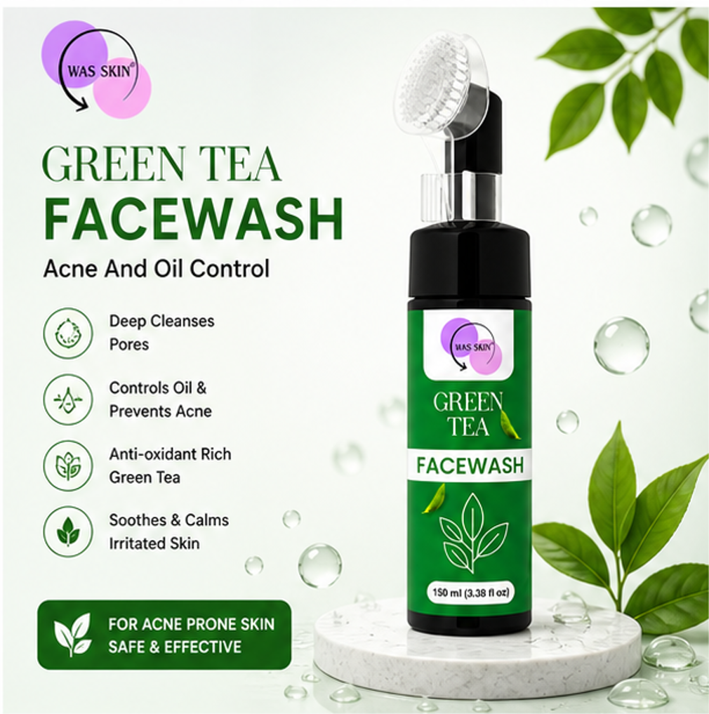 WAS SKIN Green Tea Facewash with Built-In Cleansing Brush, 150 ml (Green Tea Facewash with Applicator)