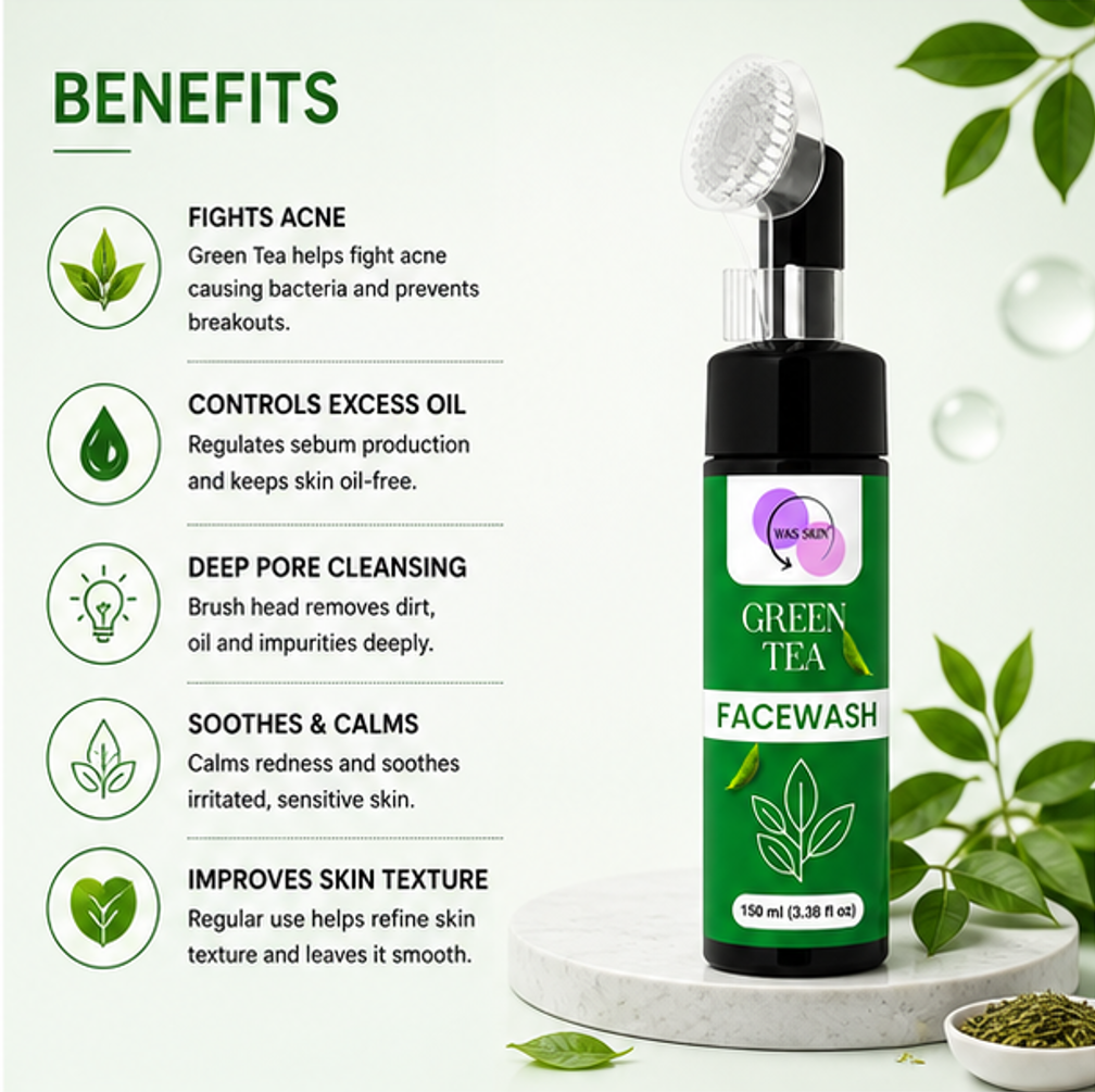 WAS SKIN Green Tea Facewash with Built-In Cleansing Brush, 150 ml (Green Tea Facewash with Applicator)