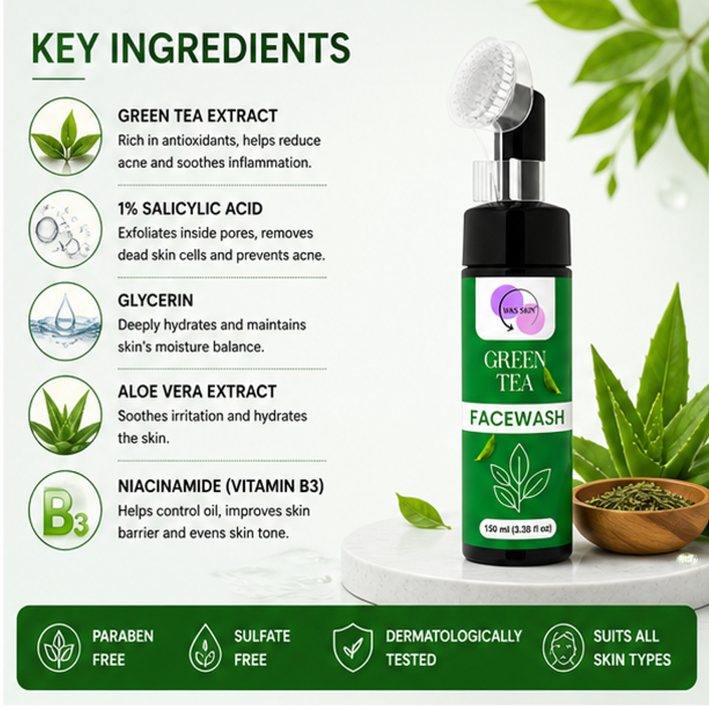 WAS SKIN Green Tea Facewash with Built-In Cleansing Brush, 150 ml (Green Tea Facewash with Applicator)