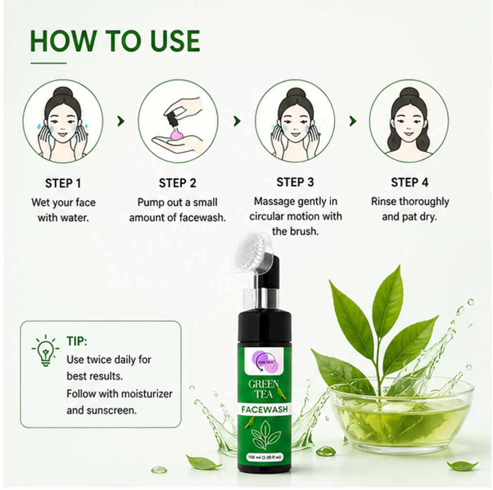 WAS SKIN Green Tea Facewash with Built-In Cleansing Brush, 150 ml (Green Tea Facewash with Applicator)