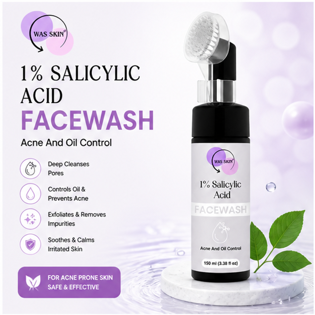 WAS SKIN Green Tea Facewash with Built-In Cleansing Brush, 150 ml (1% Silacylic Acid Facewash with Applicator)