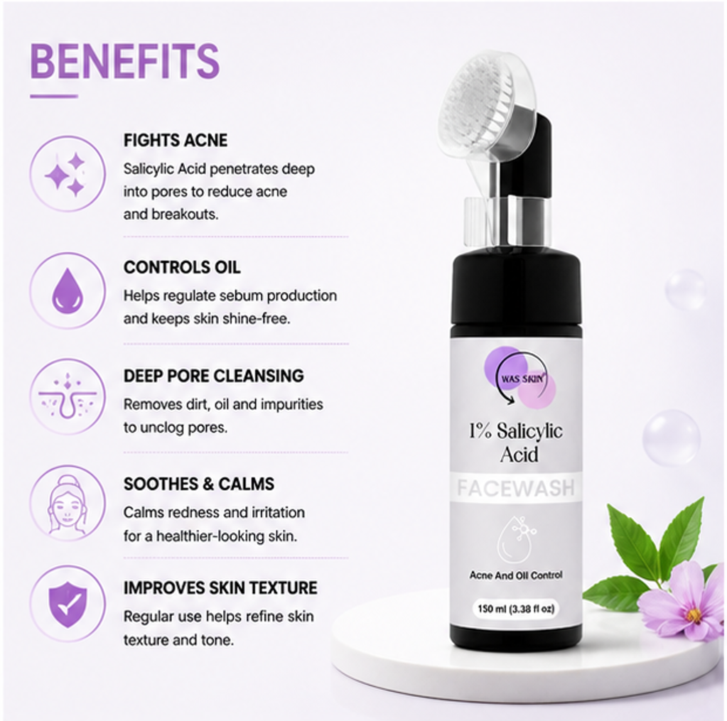 WAS SKIN Green Tea Facewash with Built-In Cleansing Brush, 150 ml (1% Silacylic Acid Facewash with Applicator)